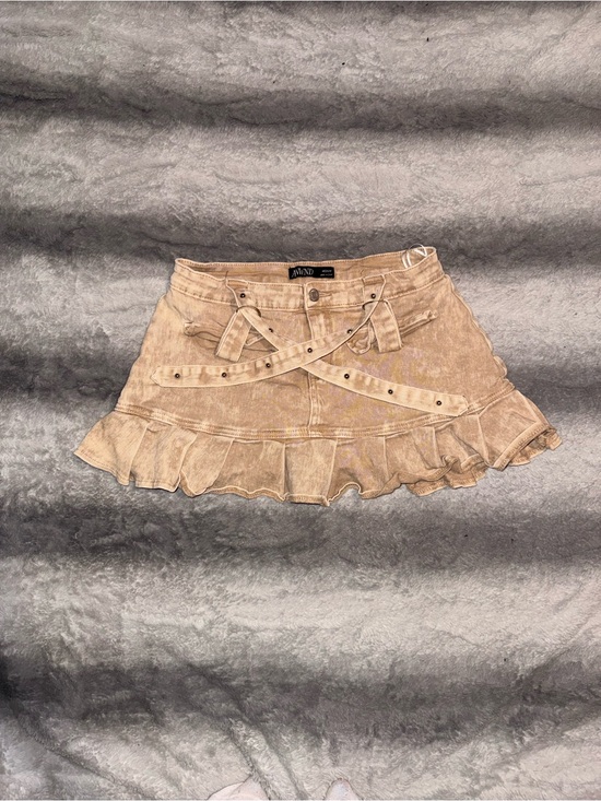 Dresses & Skirts - Beige Ruffle Denim Mini Skirt with Belt Detail